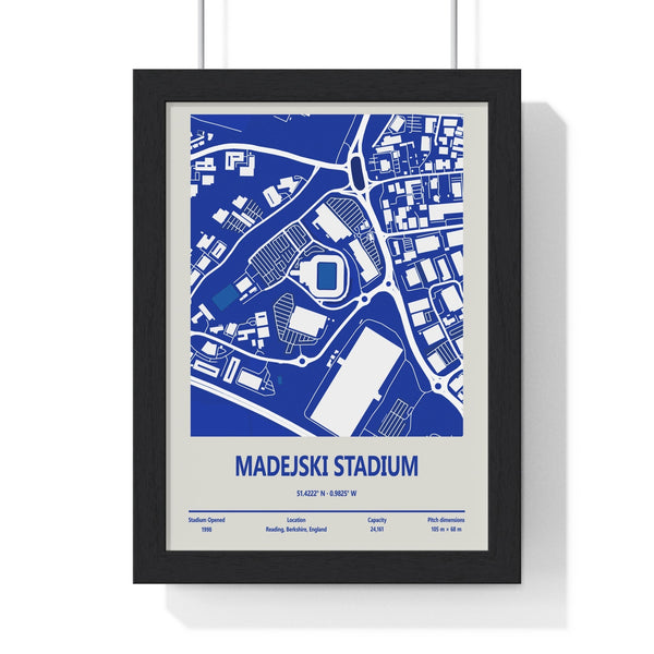 Madejski Stadium map print framed in Poster Kingz black frame