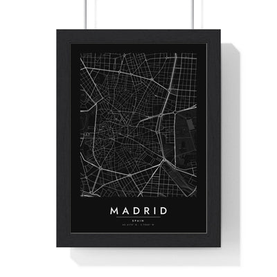 Madrid street map poster in black, minimal city map print framed in a black frame