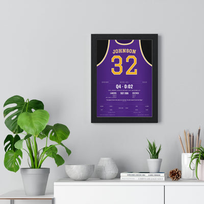 Magic Johnson 1987 NBA Finals Game 4 Poster - Los Angeles Lakers 32 Junior Sky Hook Jersey Print framed on a living room wall