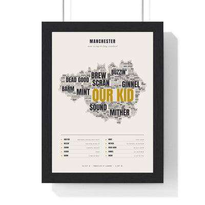 Manchester Sayings Word Map in a black frame, one of the three prints in the Manchester set
