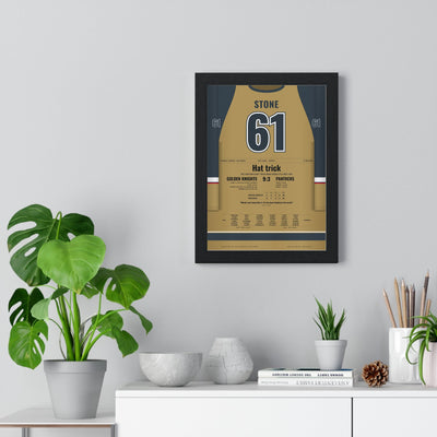 Mark Stone 2023 Cup Final Hat Trick Poster - Vegas Golden Knights 61 Hockey Jersey Print framed on a living room wall