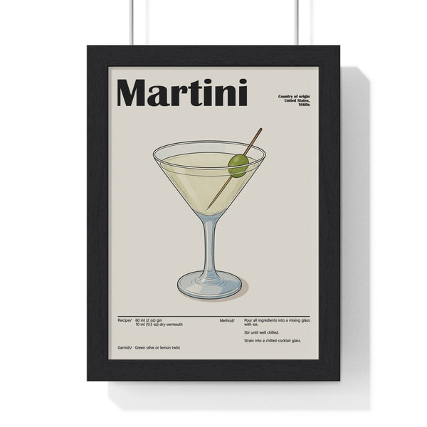 Framed Martini cocktail poster with minimalist gin drink design on white wall