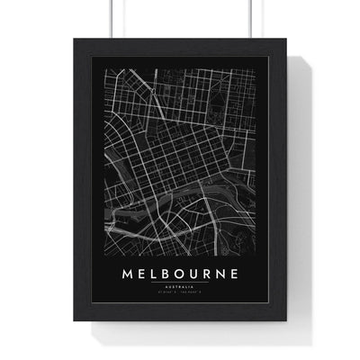 Melbourne street map poster in black, minimal city map print framed in a black frame