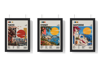 Build Your Own Travel Poster Set - set of Tokyo Mid Century Travel Poster, Sydney Mid Century Travel Poster, Santorini Mid Century Travel Poster