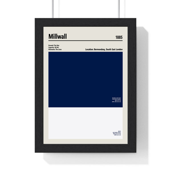 Millwall Colour Swatch Print framed in a black frame, ready to hang