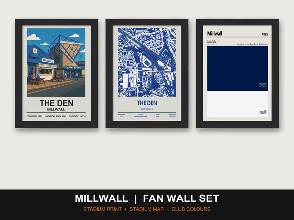 Millwall Fan Wall Set | The Den Print, Stadium Map & Club Colours