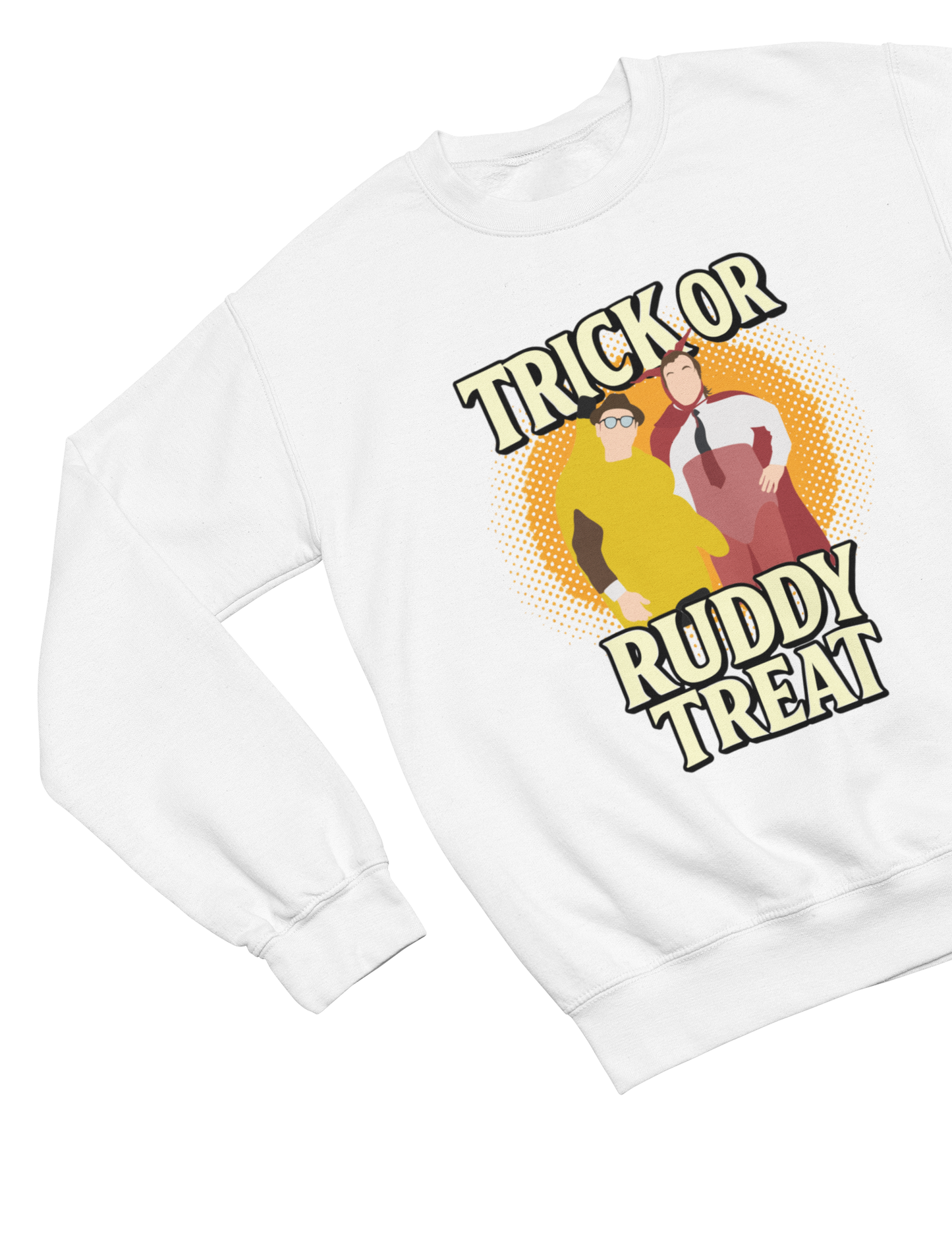 White sweatshirt with 'Trick or Ruddy Treat' graphic design on a white background