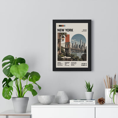 New York Mid Century Travel print framed on a living room wall