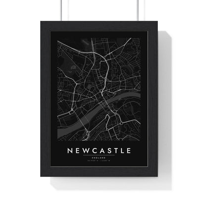 Newcastle street map poster in black, minimal city map print framed in a black frame