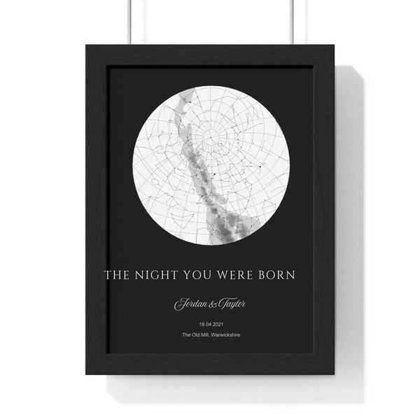 Personalised Night You Were Born star map print in black with custom name, date and birthplace