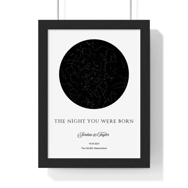 Personalised star map print showing the exact night sky for the night you were born, customised with name and date