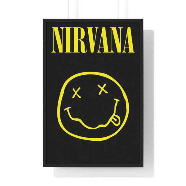 Nirvana Smiley Logo Maxi Poster framed in black showing iconic yellow smiley face graphic