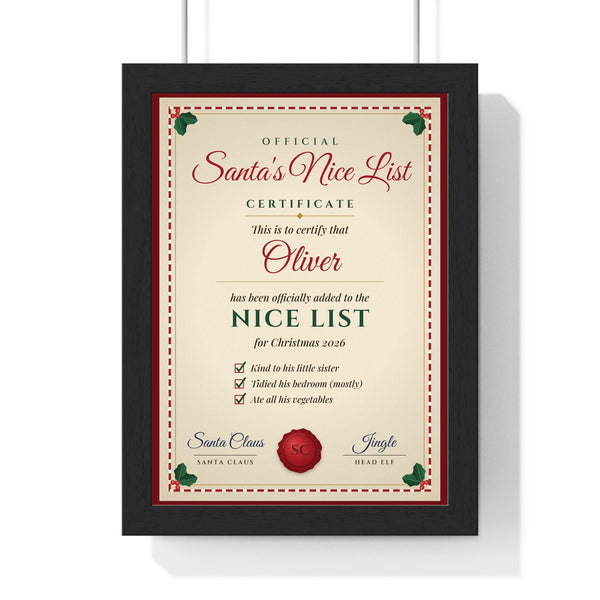 Personalised Santa's Nice List Certificate Print - framed parchment certificate