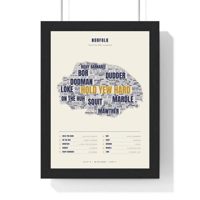 Norfolk Sayings Word Map in a black frame, one of the three prints in the Norfolk set