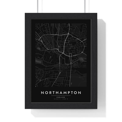 Northampton street map poster in black, minimal city map print framed in a black frame