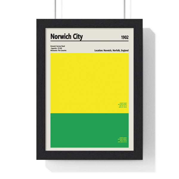 Norwich City colour swatch print in black frame showing yellow and green Canaries colours