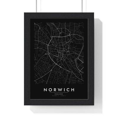 Norwich street map poster in black, minimal city map print framed in a black frame