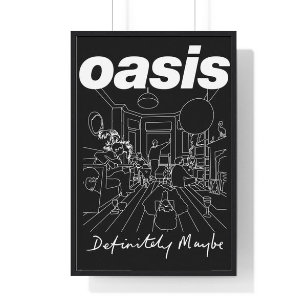 Oasis Definitely Maybe album artwork maxi poster in black frame on white wall