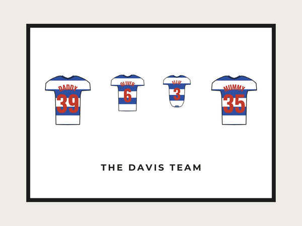 Personalised family football shirt print showing custom names, numbers and team colours in landscape format