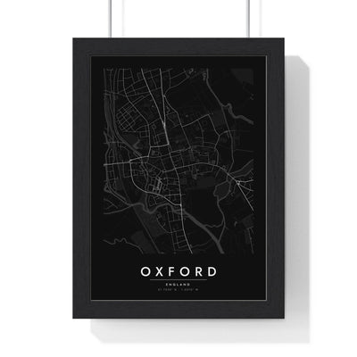 Oxford street map poster in black, minimal city map print framed in a black frame