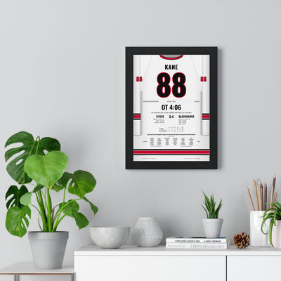 Patrick Kane 2010 Cup Final Overtime Winner Poster - Chicago Blackhawks 88 Hockey Jersey Print framed on a living room wall