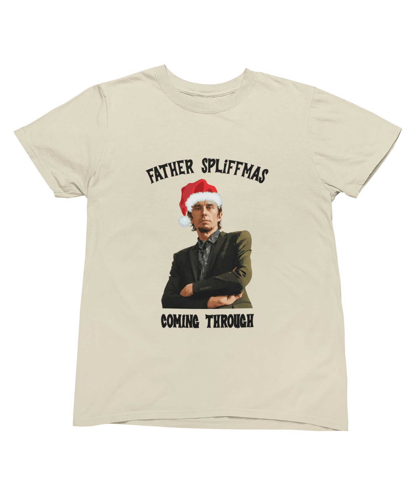 Red t-shirt with Peep Show Super Hans Father Spliffmas Christmas Sweater