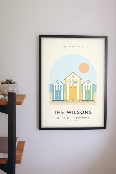 Personalised Beach Hut Print - on the living room wall