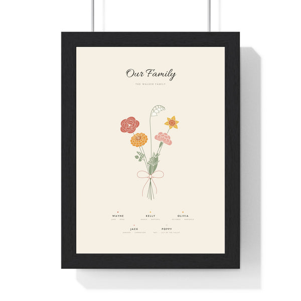Personalised Birth Flower Family Print - framed cream bouquet of five family birth flowers