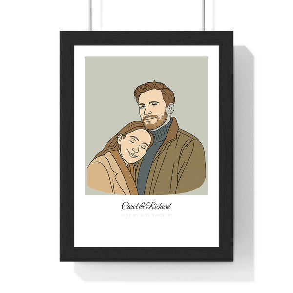 Personalised couples line portrait print in a black frame - custom line art of two people on sage with the names Carol & Richard