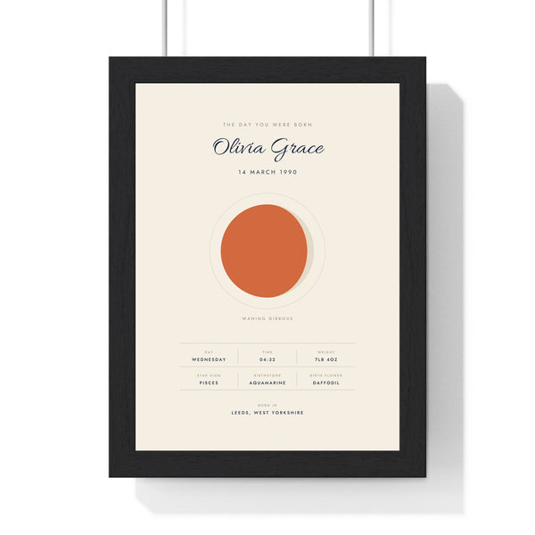 Personalised The Day You Were Born Print - framed cream print with a terracotta waning moon