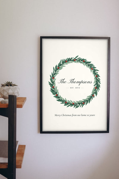 Personalised Christmas Wreath Print - family name wreath print on the wall
