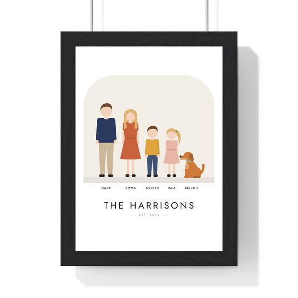 Personalised Family Portrait Illustration Print - framed modern family portrait print of a family of four and their dog