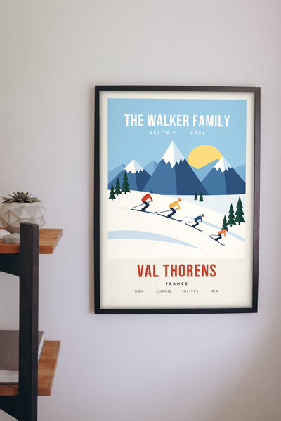 Personalised Retro Family Ski Print - retro family ski poster on the living room wall
