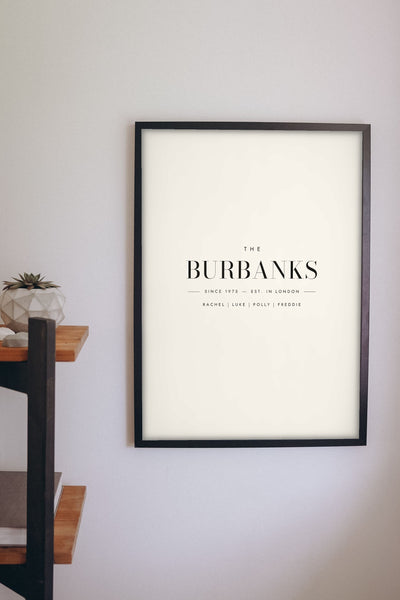 Personalised Family Surname Print - cream surname print on a living room wall