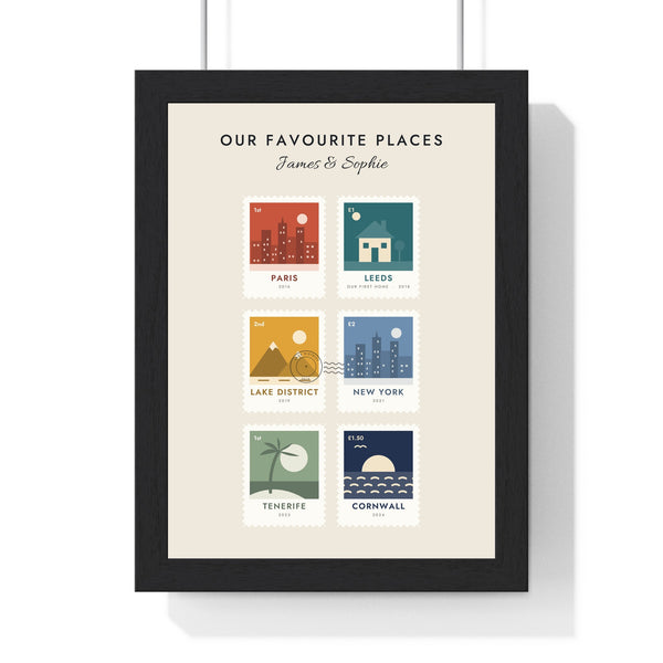 Personalised Favourite Places Stamp Print - framed favourite places stamp print with six places on cream