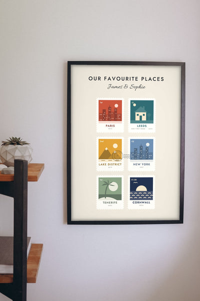 Personalised Favourite Places Stamp Print - favourite places stamp print on the living room wall
