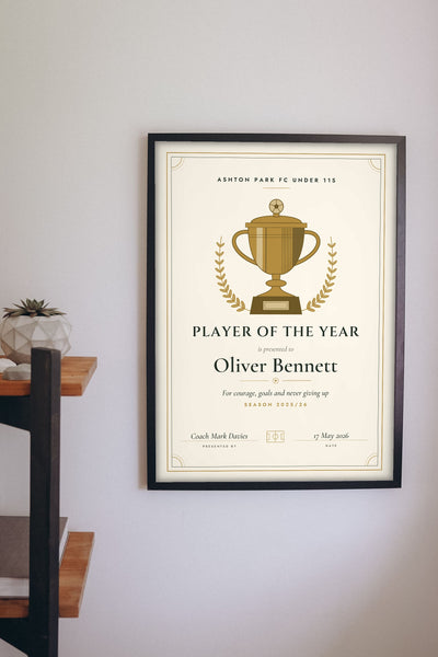 Personalised Football Award Certificate Print - on the wall
