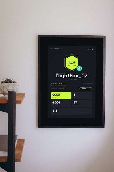Personalised Gamer Profile Card Print - on a gaming bedroom wall