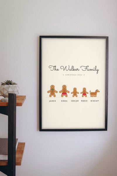Personalised Gingerbread Family Print - gingerbread family print on the wall at Christmas