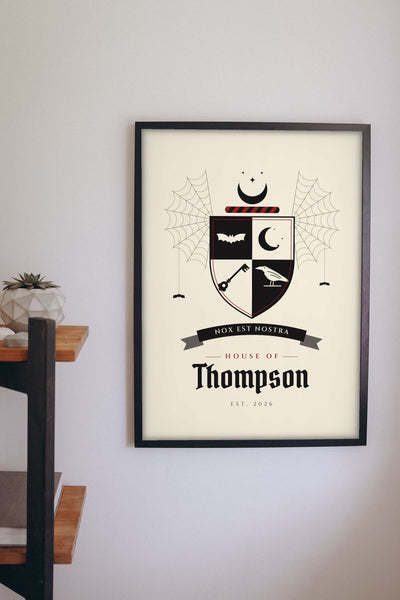 Personalised Gothic Family Crest Print - gothic family crest print on a hallway wall
