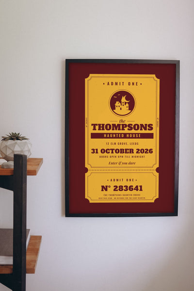 Personalised Haunted House Ticket Print - haunted house ticket print in a hallway