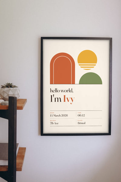 Personalised Hello World Baby Print - on the nursery wall