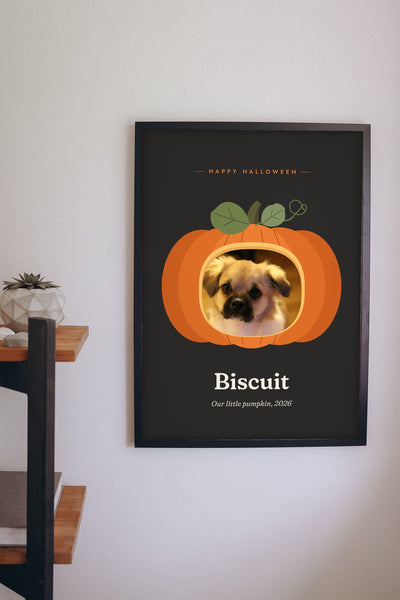 Personalised Pet in a Pumpkin Halloween Print - pet pumpkin print on a kitchen wall