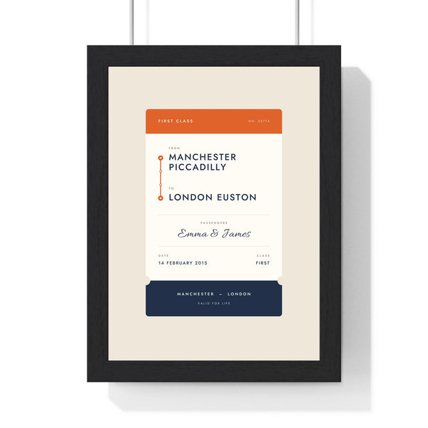 Personalised Rail Ticket Print - framed orange and navy rail ticket print, Manchester Piccadilly to London Euston