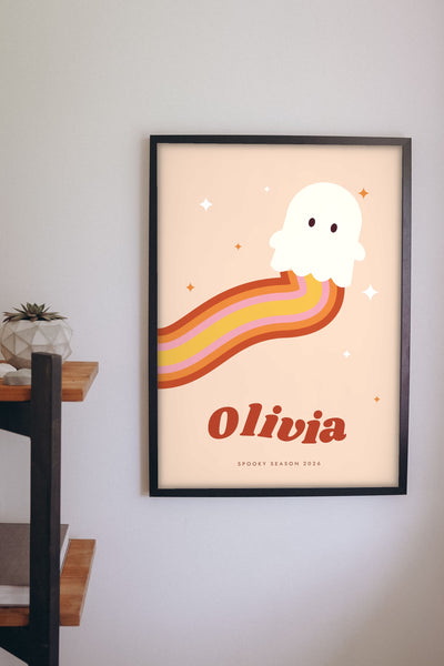 Personalised Retro Ghost Name Print - on a bedroom wall