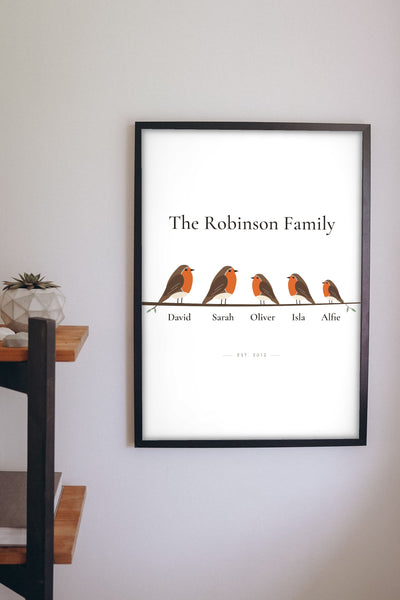 Personalised Robin Family Print - robin family print on the living room wall