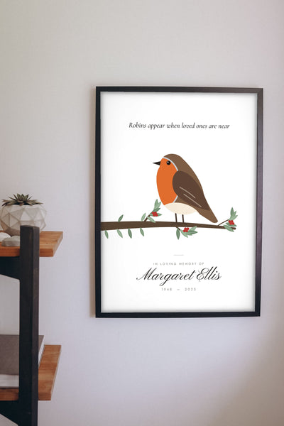 Personalised Robin Memorial Print - hanging on a living room wall
