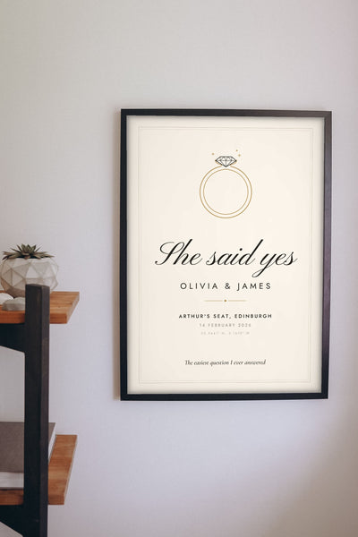 Personalised She Said Yes Engagement Print - on the living room wall