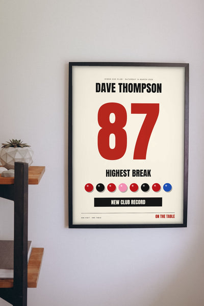 Personalised Snooker Highest Break Print - snooker highest break print on the wall
