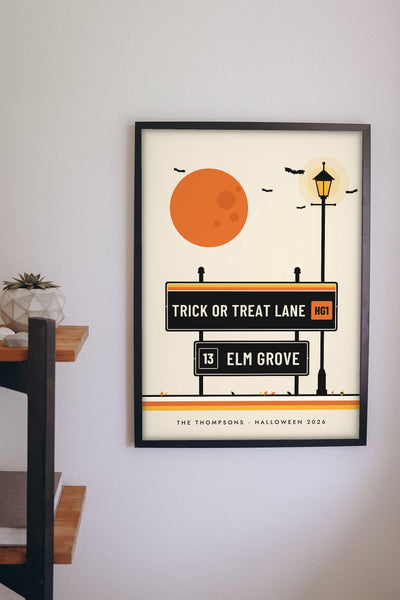 Personalised Halloween Street Sign Print - Halloween street sign print on a hallway wall